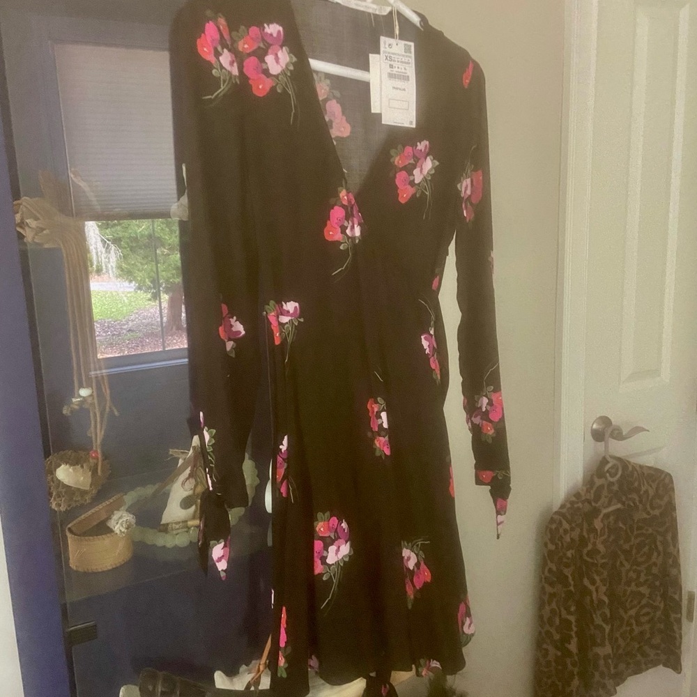 Zara Black Dress with Pink Floral Design